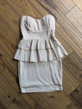 Lovely Day Strapless Peplum Bodycon Dress in Light Beige